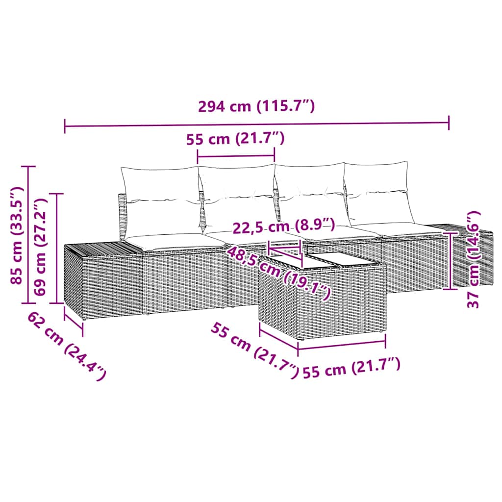 Havesofa Sæt med pude med opbevaring 5 pcs Grå polyrattan