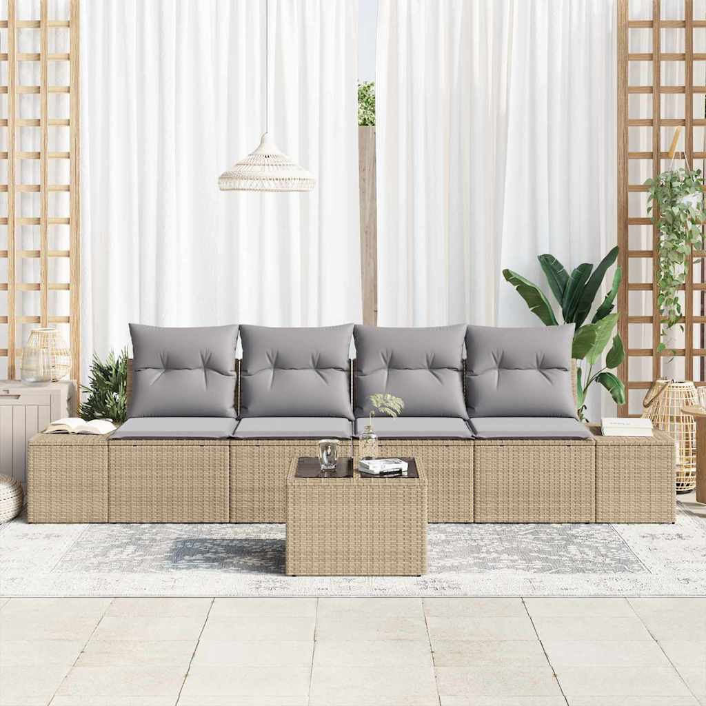 Havesofa Sæt med pude 5 pcs Beige og grå polyrattan