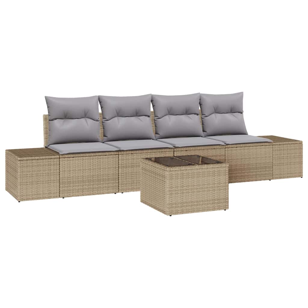 Havesofa Sæt med pude 5 pcs Beige og grå polyrattan