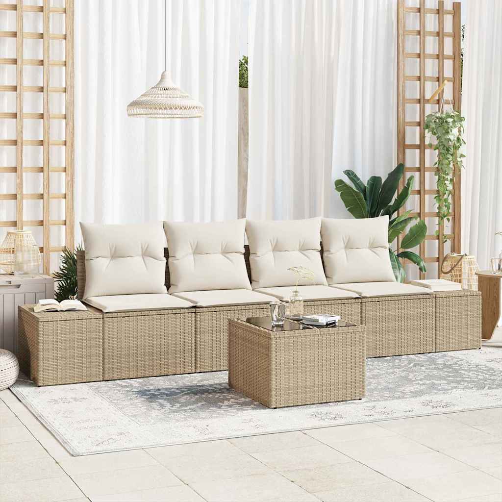 Havesofa Sæt med pude 5 pcs Beige og creme polyrattan