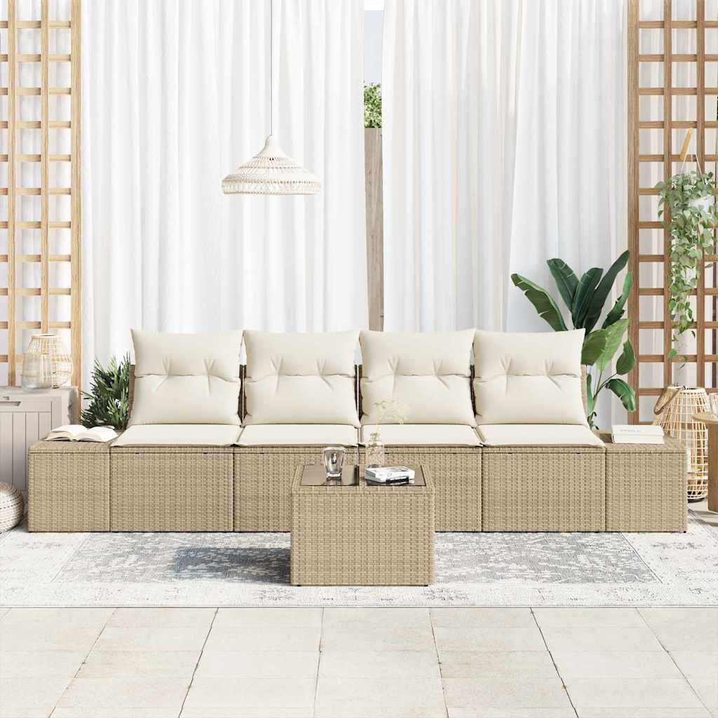Havesofa Sæt med pude 5 pcs Beige og creme polyrattan