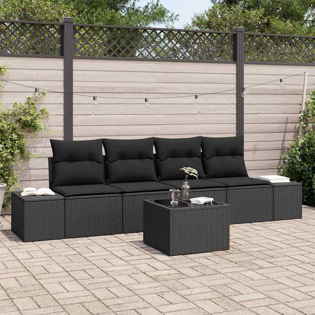 Havesofa Sæt med pude med opbevaring 5 pcs Sort polyrattan
