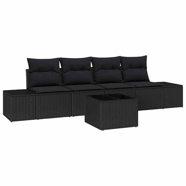 Havesofa Sæt med pude med opbevaring 5 pcs Sort polyrattan