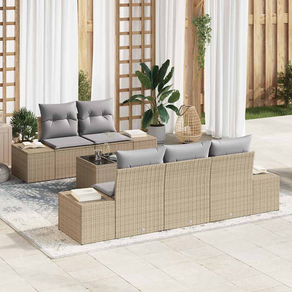 Havesofa Sæt med pude 6 pcs Beige og grå polyrattan
