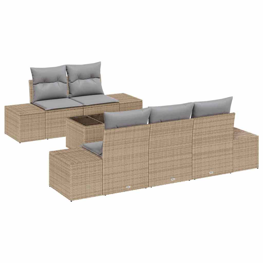 Havesofa Sæt med pude 6 pcs Beige og grå polyrattan