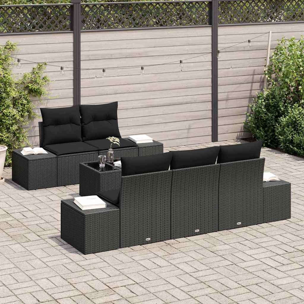 Havesofa Sæt med pude med opbevaring 6 pcs Sort polyrattan