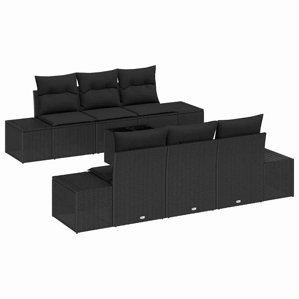 Havesofa Sæt med pude med opbevaring 8 pcs Sort polyrattan