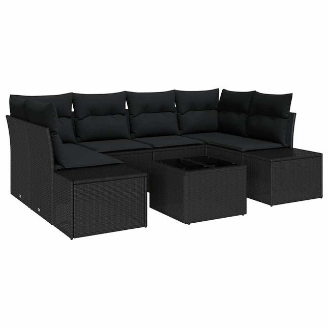 Havesofa Sæt med pude med opbevaring 8 pcs Sort polyrattan