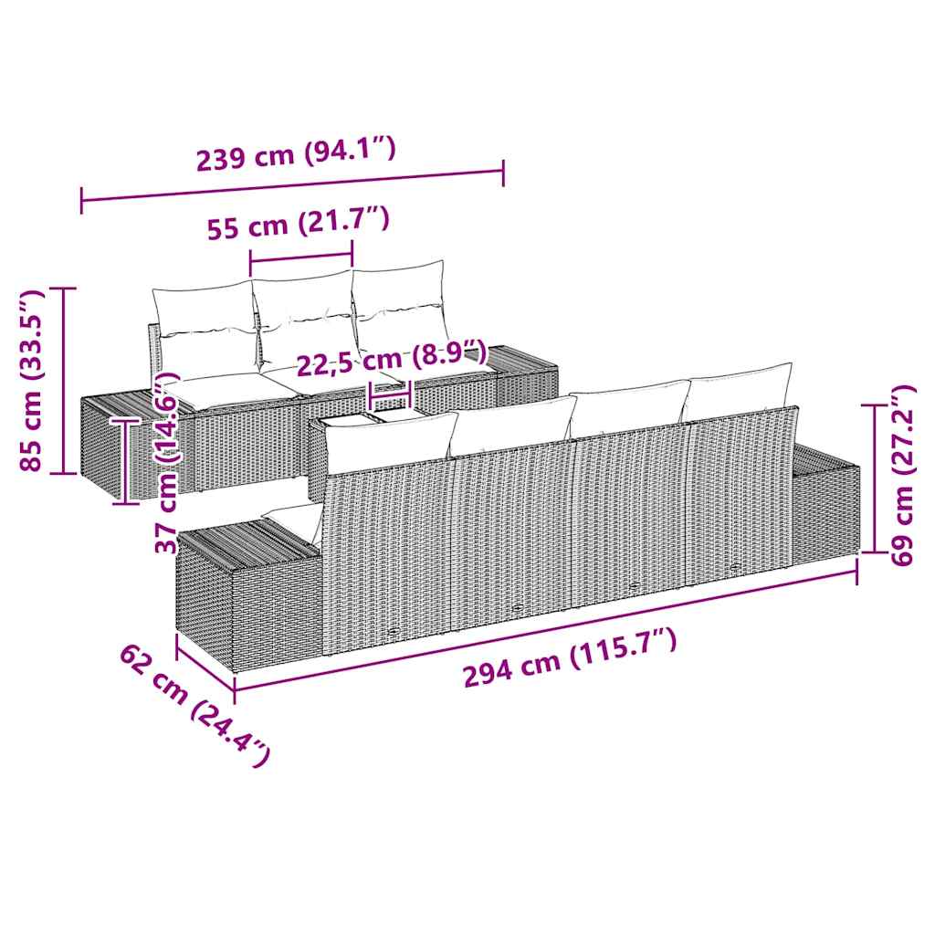 Havesofa Sæt med pude 8 pcs Beige og grå polyrattan