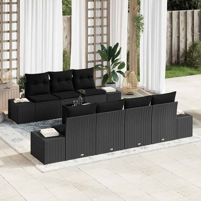 Havesofa Sæt med pude med opbevaring 8 pcs Sort polyrattan