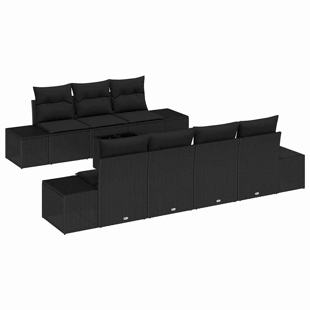 Havesofa Sæt med pude med opbevaring 8 pcs Sort polyrattan