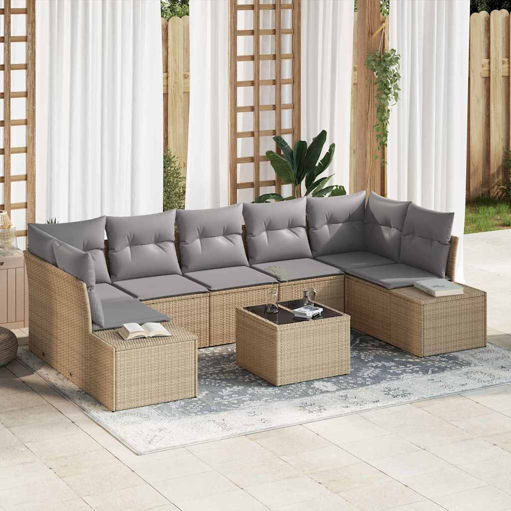 Havesofa Sæt med pude 8 pcs Beige og grå polyrattan