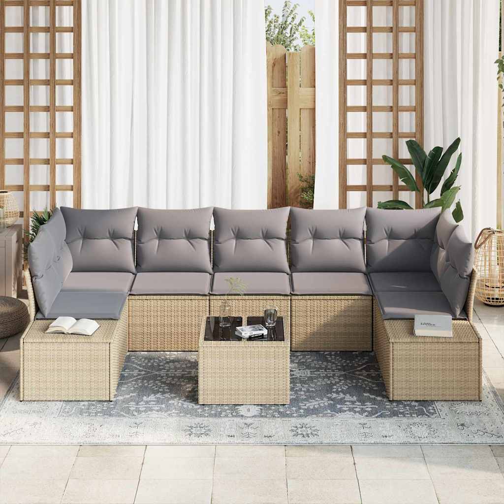Havesofa Sæt med pude 8 pcs Beige og grå polyrattan
