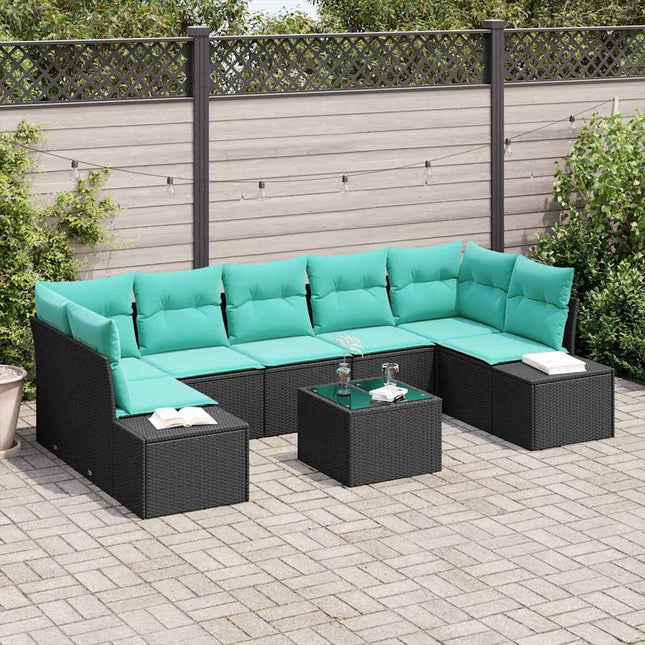 Havesofa Sæt 8 stk. Sort og turkis polyrattan