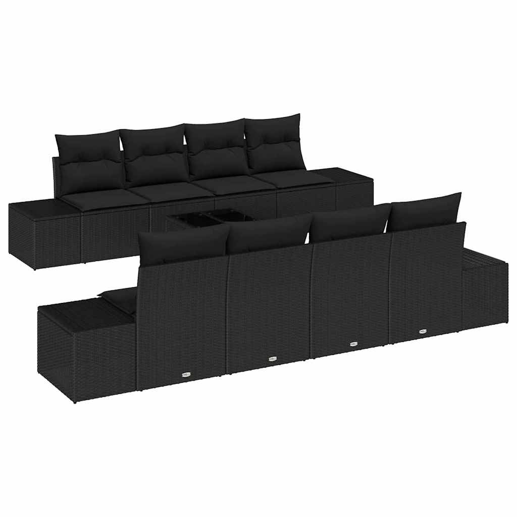 Havesofa Sæt med pude med opbevaring 8 pcs Sort polyrattan