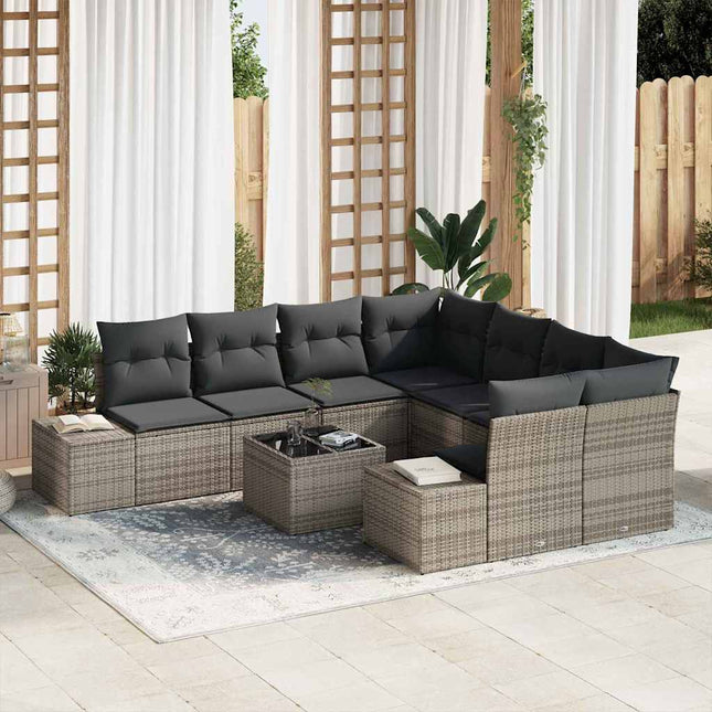 Havesofa Sæt med pude med opbevaring 9 pcs Grå polyrattan