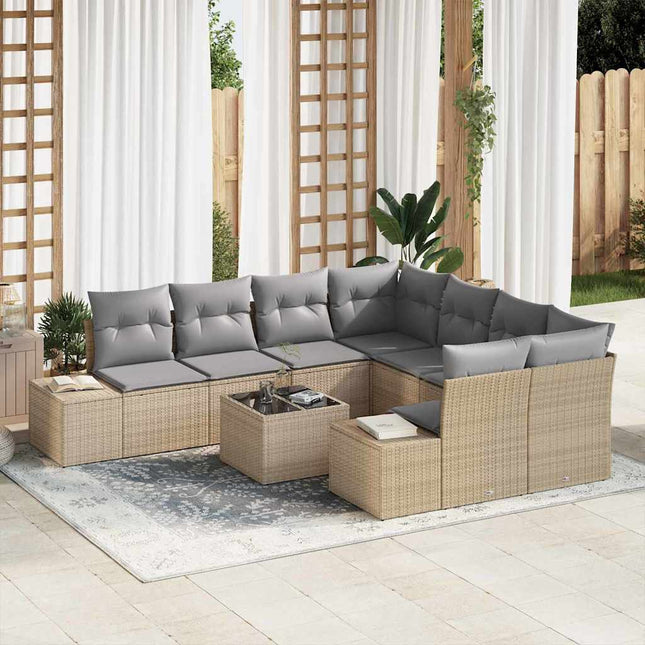 Havesofa Sæt med pude 9 pcs Beige og grå polyrattan