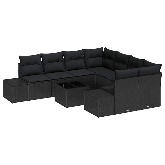 Havesofa Sæt med pude med opbevaring 9 pcs Sort polyrattan