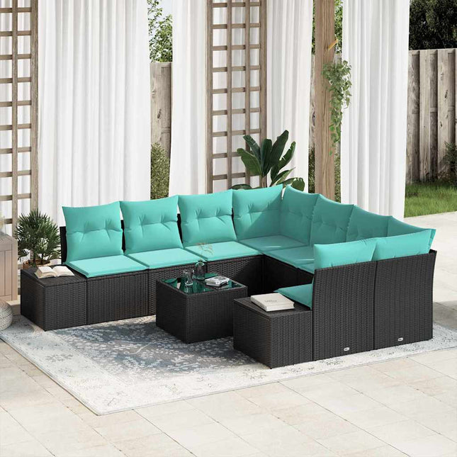 Havesofa Sæt 9 stk. Sort og turkis polyrattan