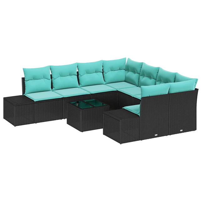 Havesofa Sæt 9 stk. Sort og turkis polyrattan