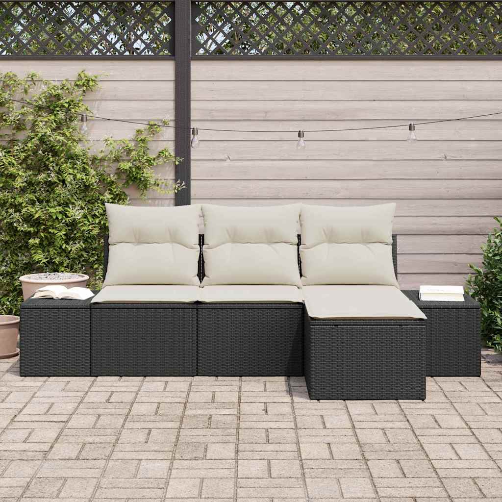 Havesofa Sæt med pude 4 pcs Sort og Cream polyrattan