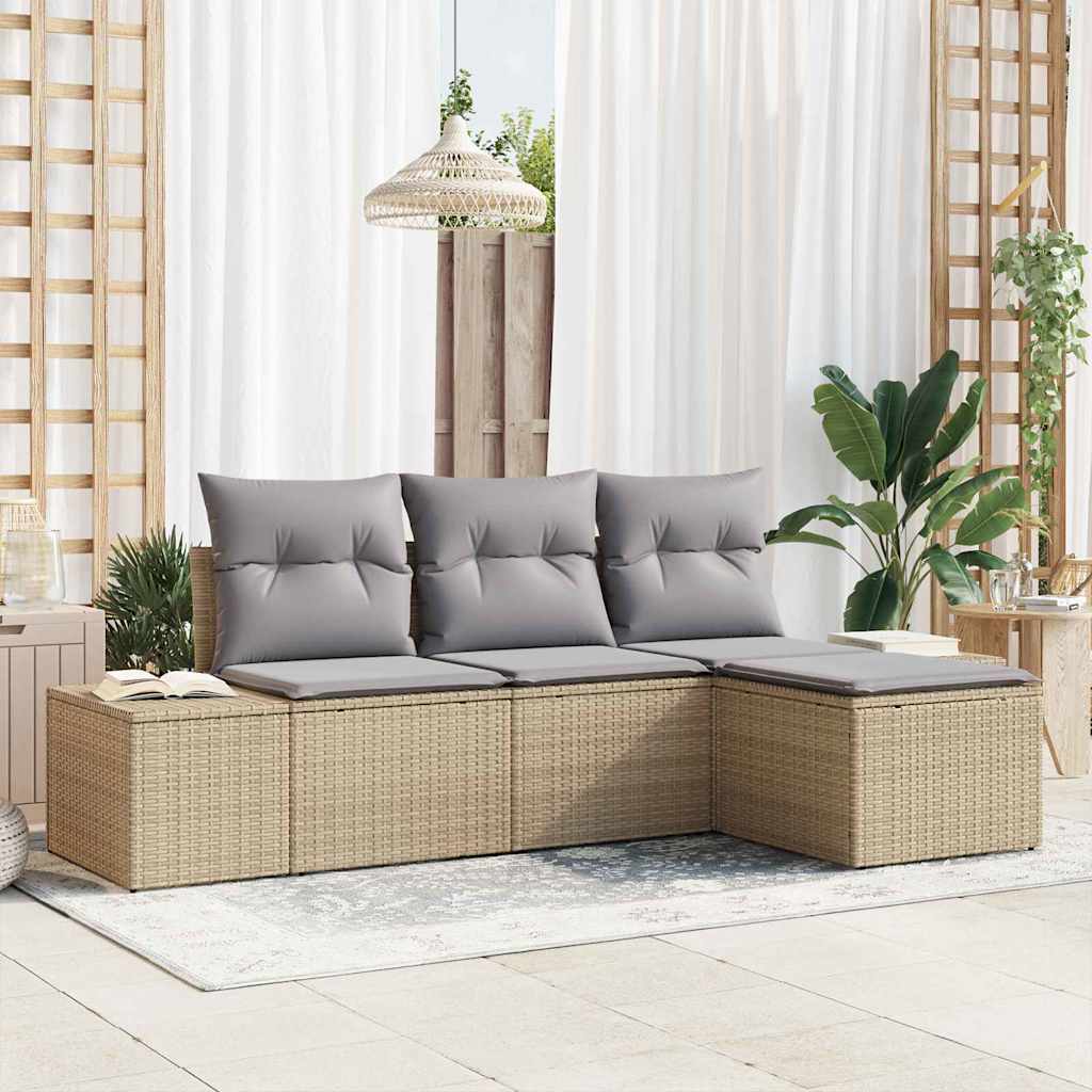 Havesofa Sæt med pude 4 pcs Beige og lys grå polyrattan