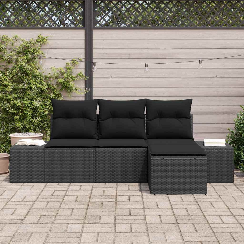 Havesofa Sæt 4 pcs Sort Poly Rattan og pulverlakeret stål