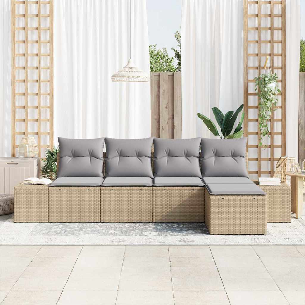 Havesofa Sæt med pude 5 pcs Beige og lys grå polyrattan