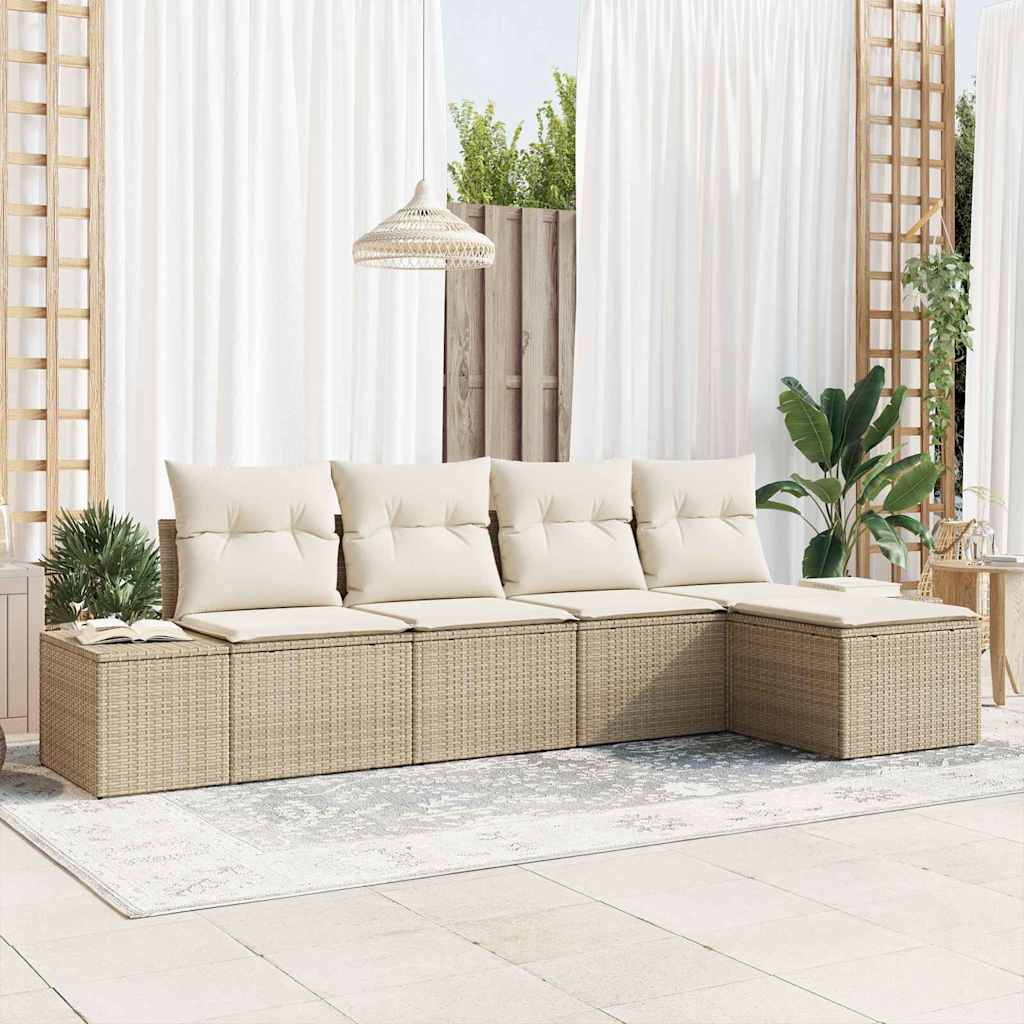 Havesofa Sæt med pude 5 pcs Beige og creme polyrattan