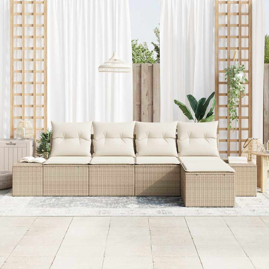 Havesofa Sæt med pude 5 pcs Beige og creme polyrattan