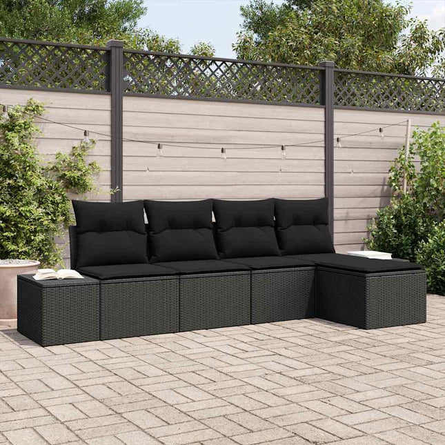 Havesofa Sæt med pude med opbevaring 5 pcs Sort polyrattan