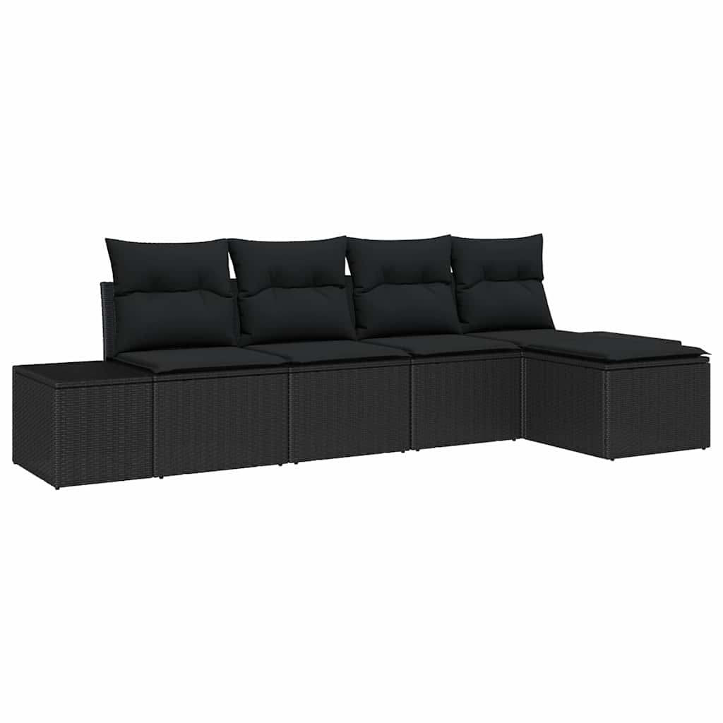 Havesofa Sæt med pude med opbevaring 5 pcs Sort polyrattan