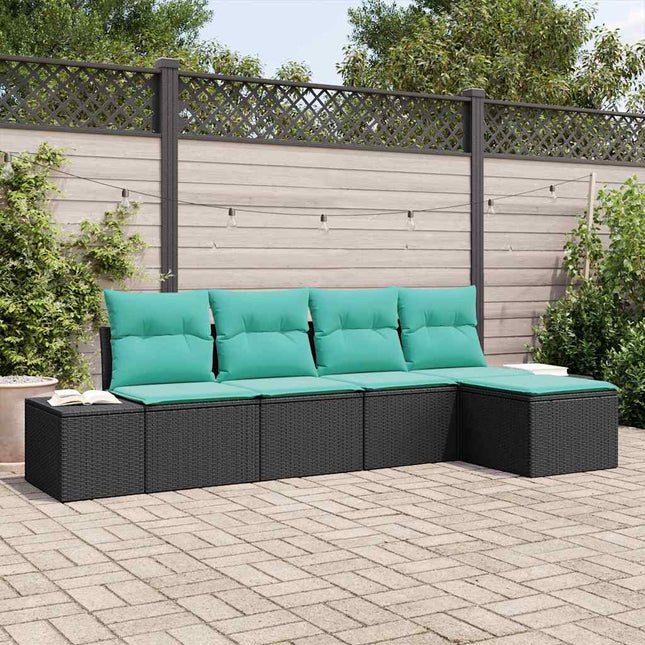 Havesofa Sæt 5 stk. Sort og turkis polyrattan