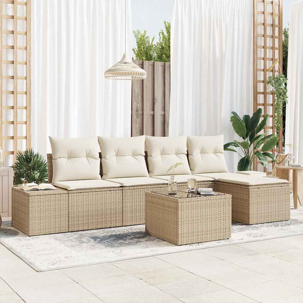 Havesofa Sæt med pude 5 pcs Beige og creme polyrattan