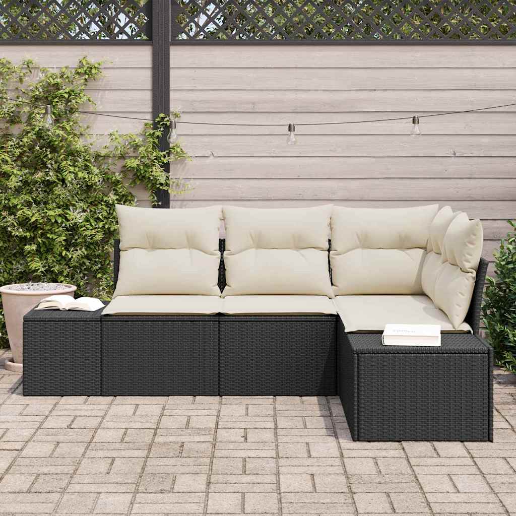Havesofa Sæt med pude 4 pcs Sort og Cream polyrattan