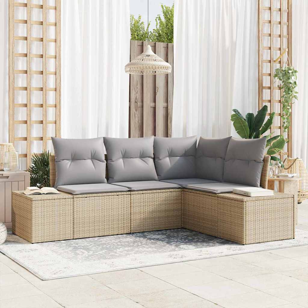 Havesofa Sæt med opbevaring 4 pcs Beige og lys grå polyrattan