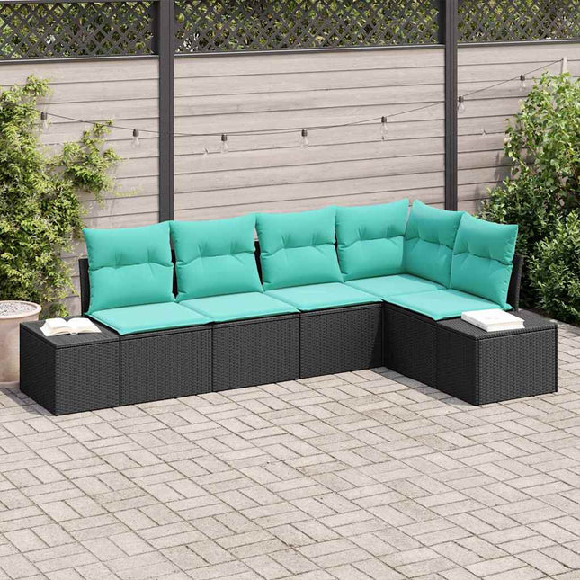 Havesofa Sæt 5 stk. Sort og turkis polyrattan