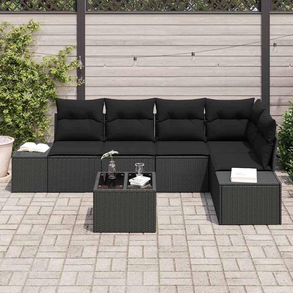 Havesofa Sæt 6 pcs Sort Poly Rattan og pulverlakeret stål