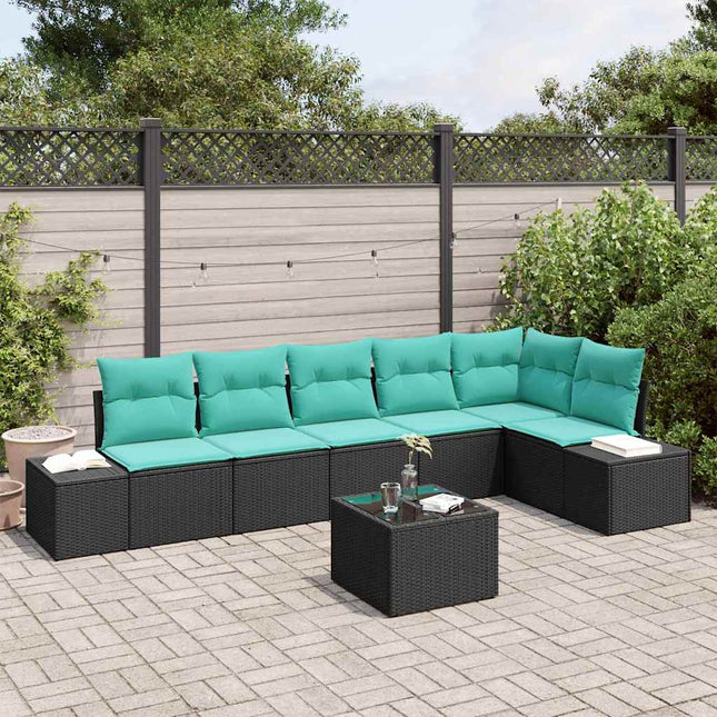 Havesofa Sæt med opbevaring Sort og turkis polyrattan