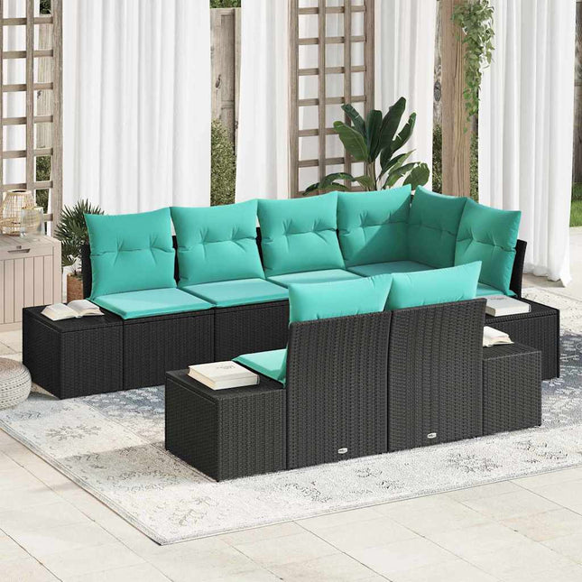 Havesofa Sæt 7 stk. Sort og turkis polyrattan