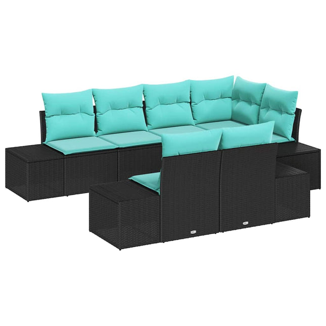 Havesofa Sæt 7 stk. Sort og turkis polyrattan