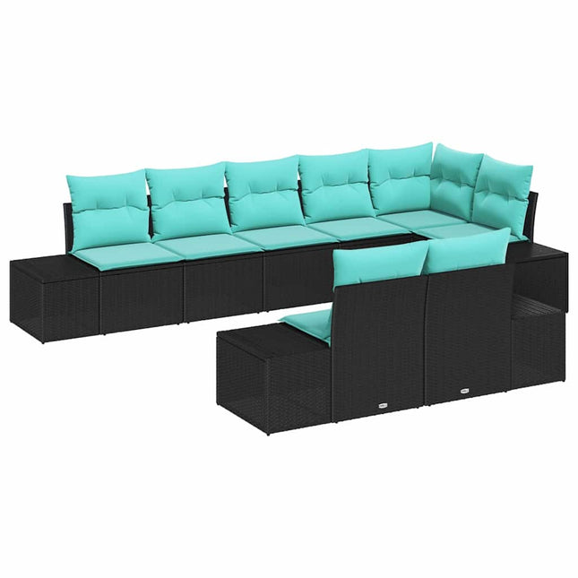 Havesofa Sæt 8 stk. Sort og turkis Poly rattan