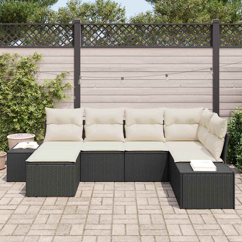 Havesofa Sæt med pude 6 pcs Sort og Cream polyrattan