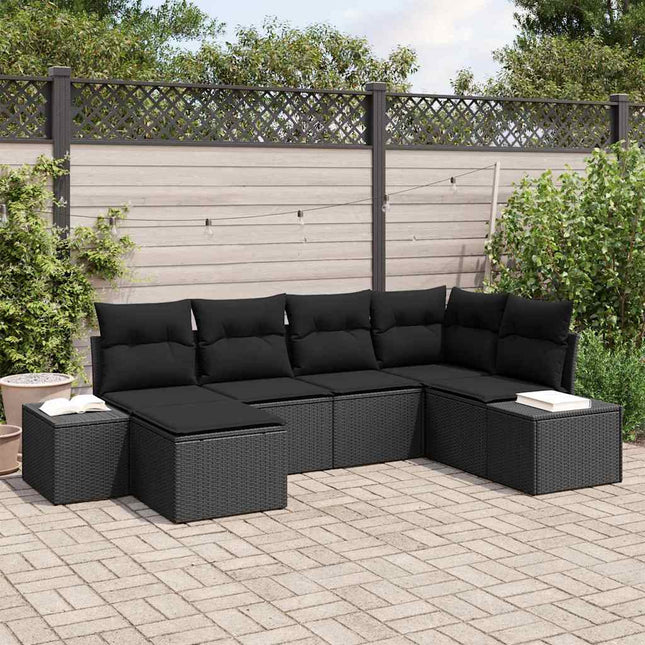 Havesofa Sæt med pude med opbevaring 6 pcs Sort polyrattan