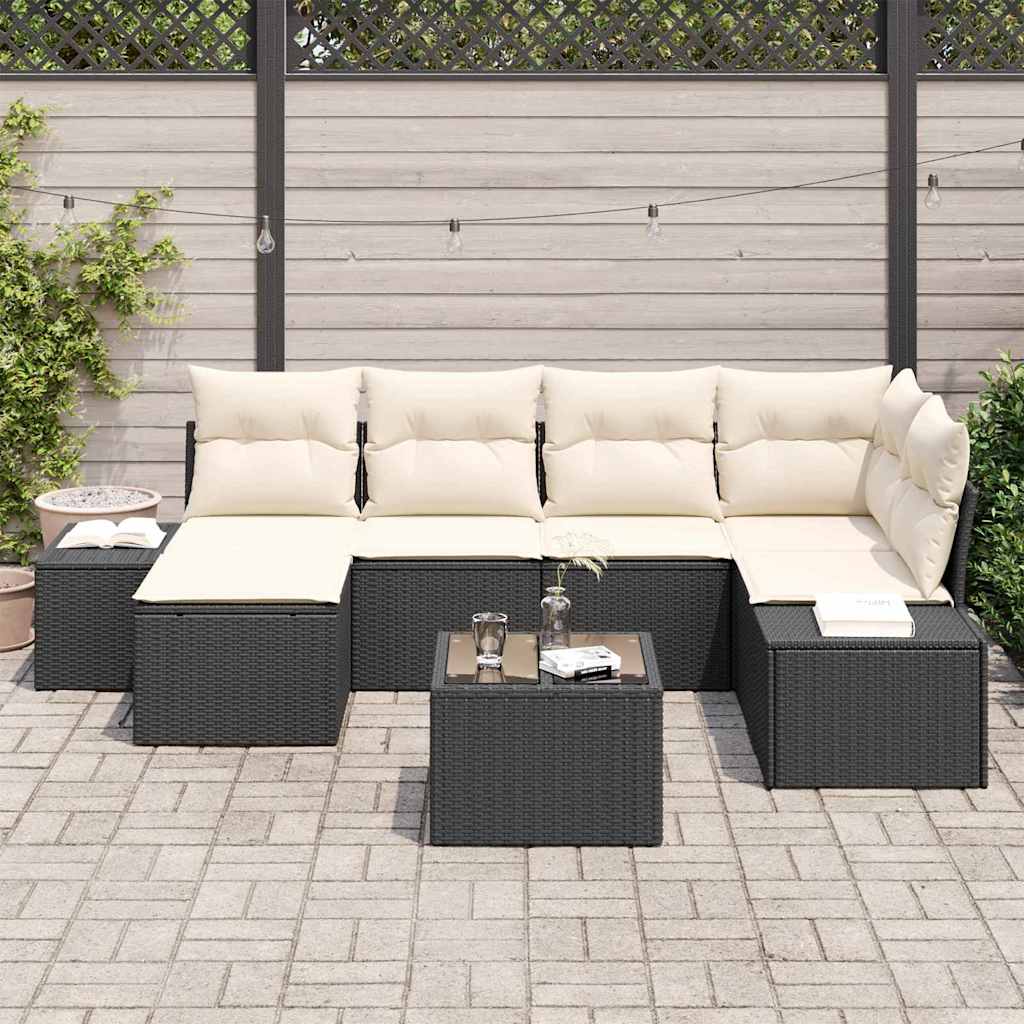Havesofa Sæt med pude 6 pcs Sort og Cream polyrattan
