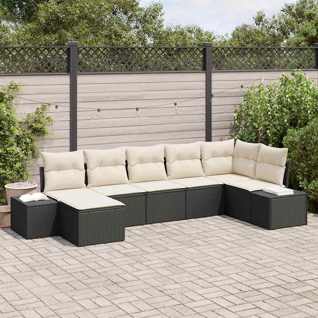 Havesofa Sæt med pude med opbevaring 7 pcs Sort polyrattan