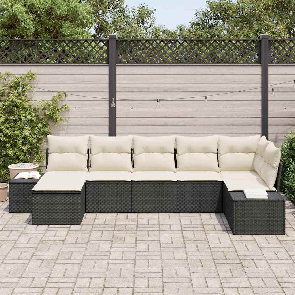 Havesofa Sæt med pude med opbevaring 7 pcs Sort polyrattan