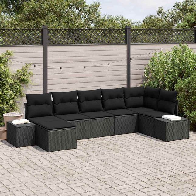 Havesofa Sæt med pude med opbevaring 7 pcs Sort polyrattan