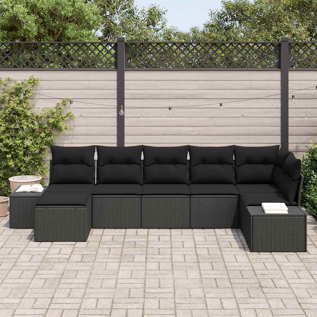 Havesofa Sæt med pude med opbevaring 7 pcs Sort polyrattan
