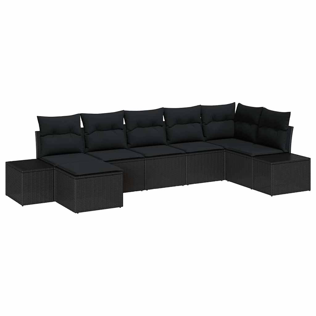 Havesofa Sæt med pude med opbevaring 7 pcs Sort polyrattan